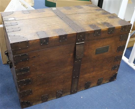 A 19th century iron bound oak silver chest, with side carrying handles W.92cm